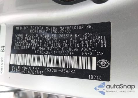 2007 Toyota Avalon Limited z USA, uszkodzony, nr VIN 4T1BK36B17U253744